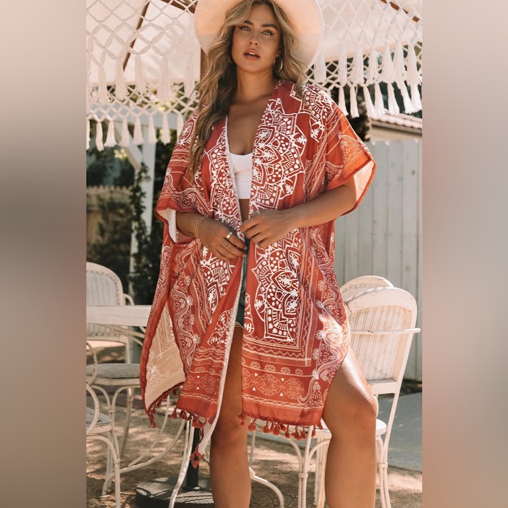 Boho Burnt Orange Long Cover Up NWOT Polyester Cardigan Tribal Western w Tassels